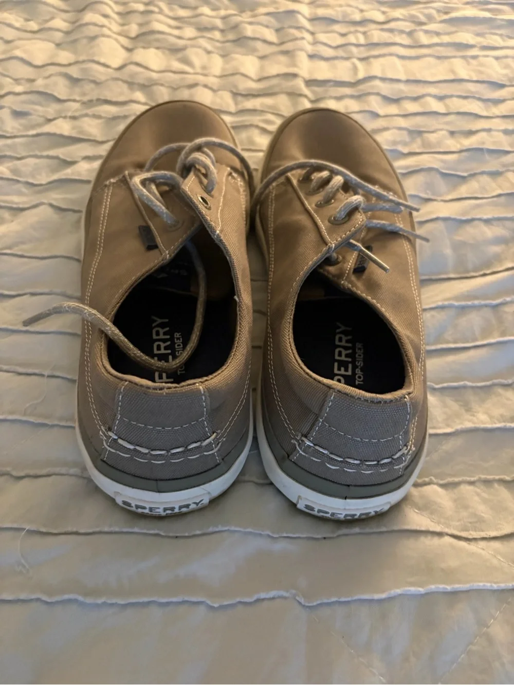 Sperry Men’s Tan Canvas Boat Shoes with White Soles